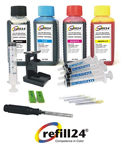 Kit de Recarga para Cartuchos de Tinta Canon 545, 546, 545 XL, 546 XL Negro y Color, Incluye Clip y Accesorios + 400 ML Tinta