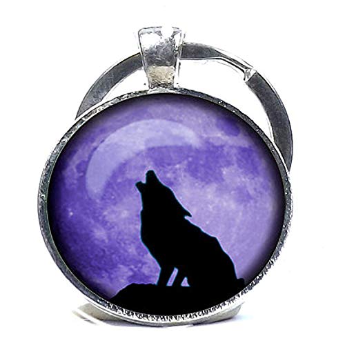 Llavero con diseño de lobo aullando en la luna, luna llena, llavero