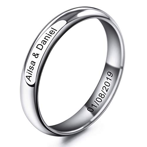 MeMeDIY 4mm El Tono De Plata Acero Inoxidable Anillo Ring Banda Venda Alianzas Boda Amor Love Talla Tamaño 9 - Grabado Personalizado