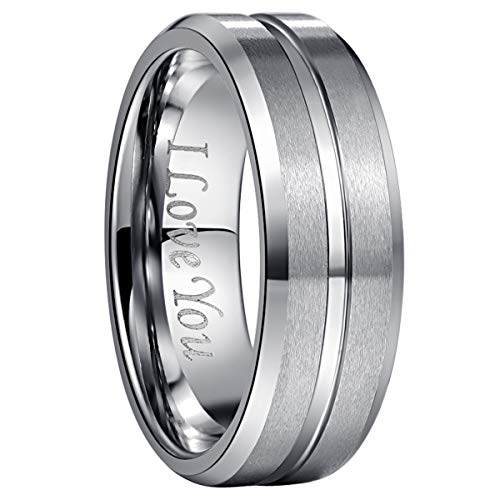 NUNCAD Anillo Hombre Mujer Unisexo Tungsteno con Grabado I Love You Anillo Simple Plata/Oro Rosa/Negro 8mm Tamaño <16.5>