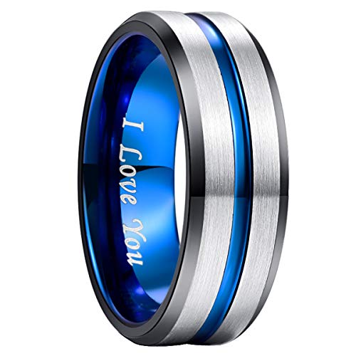 NUNCAD Anillo Hombre Mujer Unisexo Tungsteno con Moda Grabado I Love You Joyas Punk Clásico Plata/Azul/Nergo 8mm Tamaño <32>