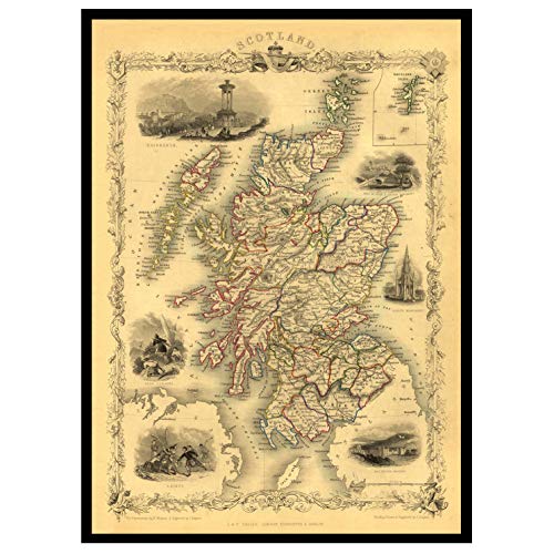 Old Maps Library - Mapa de reproducción vintage de SCOTLAND 1851. Base de lino, mapa plegado, 37x52