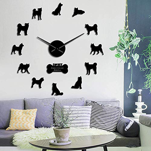 RRBOI Reloj de Pared Reloj de Pared Akita Dog Breed American Akita Cachorros sin Marco Pegatinas de Pared DIY Gran Reloj decoración de la habitación Perro Amante Regalo (Negro)-27inch