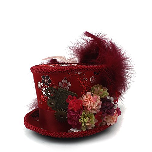 YQXR Moda Sombreros Mini sombrero de copa, sombrero de té, sombrero loco fiesta de té, sombrero rojo antiguo y marfil de taza de té sombrero loco (Color : Rojo, Size : 25-30cm)