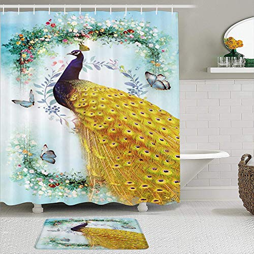 Juego de cortinas y tapetes de ducha de tela,Pavo real Pavo real con plumas doradas Flor Mariposa Naturaleza Jardín Or,cortinas de baño repelentes al agua con 12 ganchos, alfombras antideslizantes