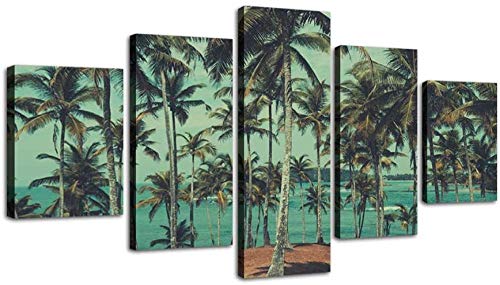 Luqadre 5 Piezas Impresión Hd Lona Pintura Pintura Impresión Modular Mural Imagen Foto Mural Playa Verde Palmera Isla Marina 100*50 Cm /39.3 In * 19.6 In Póster Dormitorio Cocina Bar Pinturas Decorat