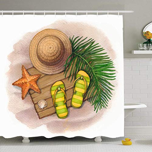 Not Applicable Bathroom Shower Curtain Summer Paradise Vintage Holiday Sombrero De Paja Náufrago Flip Resort Caribe Objetos Habitantes Playa Durable 183X183Cm Cortina De Ducha Cortinas Decorativ