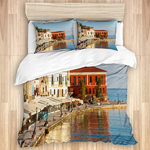 PANILUR Bedding Juego de Funda Edredón，Famouse Puerto Veneciano Paseo marítimo chania Viejo，Funda de Nórdico Fundas de Almohada 220x240cm +2（50x80cm）