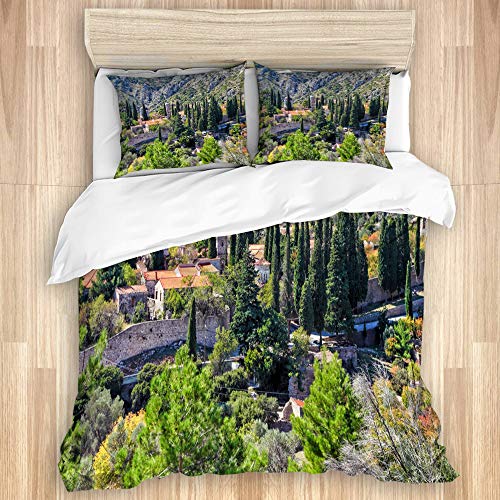 PANILUR Bedding Juego de Funda Edredón，monasterio NEA moni Chios Isla Grecia，Funda de Nórdico Fundas de Almohada 220x240cm +2（50x80cm）