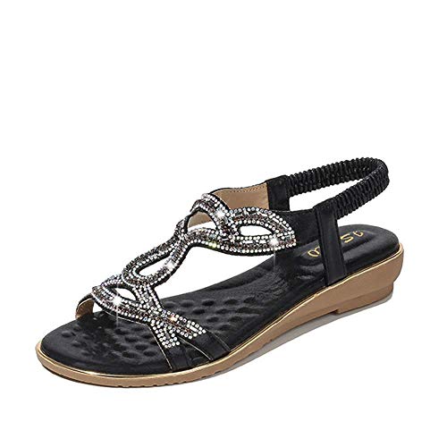 Zapatos Las Mujeres Sandalias de Verano Sandalias de Diamantes de imitación de la cuña de Bohemia Casual Playa Apartamento Zapatos de Moda Zapatos Que Caminan de Bohemia, Oro, 36EU