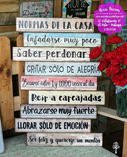 Cuadro de madera con frases y mensajes positivos e inspiradores para decorar el hogar y regalar"Normas de la casa"
