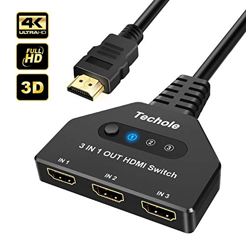 HDMI Switch, Techole 3 Puertos Switch HDMI 3 Entradas 1 Salida Soporta 4K@30Hz, UHD, 3D y 1080P, Ladron HDMI Conmutador para PC, PS4, PS3, Xbox, BLU-Ray, HDTV, DVD, DVR, Proyector (3 In 1 out)