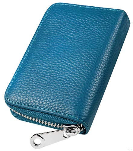 Womens Credit Card Holder Wallet Zip Leather Card Case RFID Blocking Ladies Small Blocked Accordion Wallets with Stainless Steel Zipper Woman Compact Accordian ID Cards Bag Sea Blue