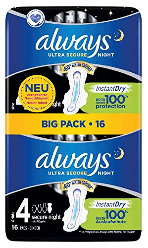 Always Ultra Secure Night - Compresa (tamaño 4, con alas, 16 unidades, 110 g)