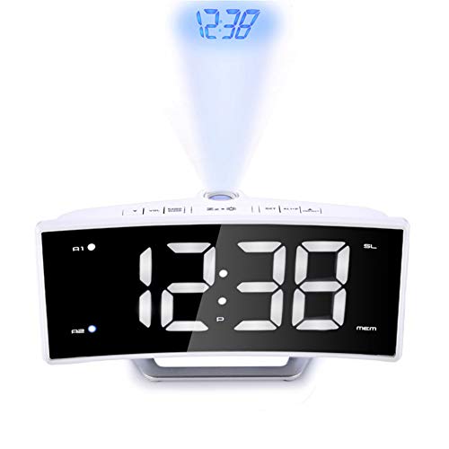 HZHHH FM Radio Despertador del Proyector, El Tiempo De LED Espejo Proyección Reloj Electrónico De Doble Anillo Luminoso De Carga Reloj,Blanco