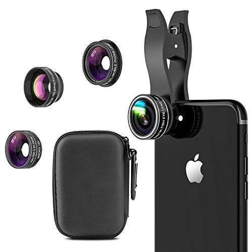 Lentes Móvil 5 en 1 Kit, HAUTIK HD Lentes Tipo Clip-on, Lente Macro + Gran Angular + Ojo de Pez + Polarizador Circular, para iPhone X/8/7/6/Plus, Galaxy S9/S9 Plus/Note 8, Huawei, Xiaomi y Etc.