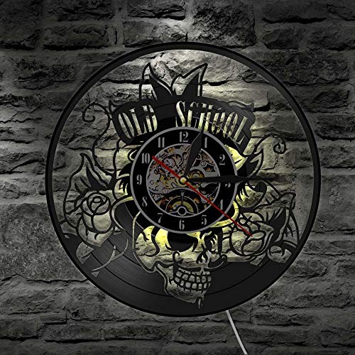 LTOOD Reloj de Registro de Tatuaje de Calavera Tradicional Reloj de Vinilo Hecho a Mano Arte de Pared Reloj Colgante Estilo de Tatuaje de la Vieja Escuela Reloj Antiguo de LED Rosa