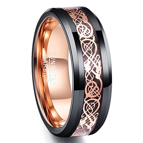 NUNCAD Anillo céltico Rosa Oro 8 mm para Mujer/Hombre, Anillo de tungsteno Unisex Negro + Oro Rosa para la Moda, cumpleaños, Boda, Compromiso y Todos los días, Talla 59 (18,9mm)