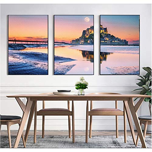 60 * 80 Cm * 3 Piezas El Paisaje Del Mar Puente Castillo Lienzo Pintura Cuadros Modulares Arte De La Pared Lienzo Para La Decoración De La Sala De Estar Sin Marco