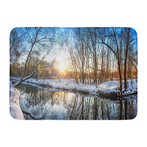 Alfombrilla de la Puerta Paisajes de Las Maravillas del Invierno Ruso Puesta de Sol Vista del río no congelado Árboles Paisaje Reflexiones sobre el Agua Alfombra del baño