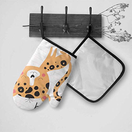 Divertidos mitones y soportes para ollas Cute Leopard Animal Tshirt Design Vector Pretty Mitre Oven Mitts Oven Mitt and Potholder Set Impermeable Resistente al calor para barbacoa Cocinar Hornear Asa