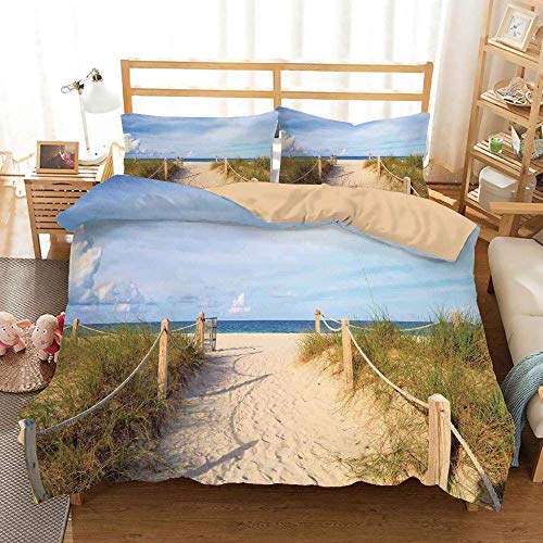 KIMDFACE Bedding Juego de Funda de Edredón, Golden Sandy Beach South Miami con cercas Estilo americano Vacaciones Inicio de sesión Relax Image Juego de cama decorativo de 3 piezas 2 Fundas de almohada