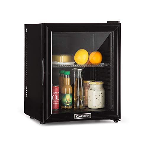 Klarstein Brooklyn 24L Nevera con puerta acristalada - Mininevera, Minibar, 24 L, 0 dB, 12-15 °C, Iluminación interior LED, Puerta acristalada, Para casas pequeñas y de solteros, Negro