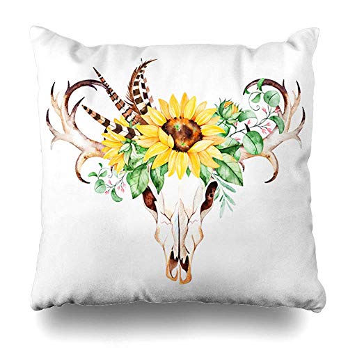 Pillowcase Acuarela Calavera De Estilo Cabeza Cuernos Girasoles Hojas De Naranjo Helechos Hojas Plumas Naturaleza Varios Plaza Hostal Hospitalario Funda De Almohada Decorativa 45X