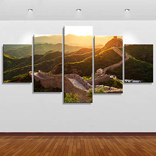 RTTGOR 5 Impresiones sobre Lienzo Impresiones en Alta definición Cartel de la Lona Decoración para el hogar 5 Piezas La Gran Muralla Vista del Amanecer Pintura Modular Sala de Estar Arte de Imagen