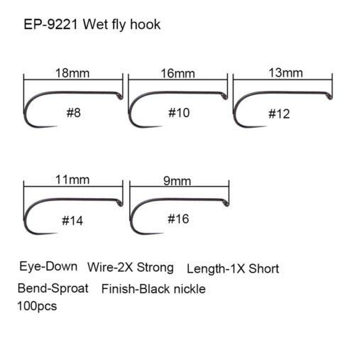 Eupheng 100 piezas de anzuelos de pesca sin rebaba para ninfas secas y cachorros Pupa y Larva Jig anzuelo de competición de alto carbono con una mini caja de moscas, Wet fly hook EP-9221, #8