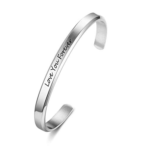 Grand Made Pulsera grabada Nombre Pulsera Mujer Joyería Pulsera Acero Inoxidable Personalizado con Grabado de felicitación de Regalo Aniversario Joyería para Mujer (Silver, 6 mm de Ancho)