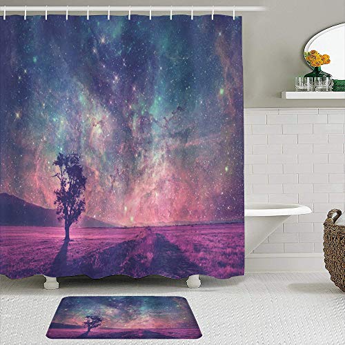 Juego de cortinas y tapetes de ducha de tela,Galaxy Lonely Tree Silhouette Space Elementos amueblados de la NASA Obra,cortinas de baño repelentes al agua con 12 ganchos, alfombras antideslizantes