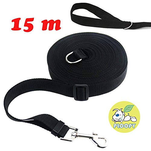 Ploopy D-Ring Correa de Adiestramiento para Perros, Correa Larga de Rastreo para Perro Ideal Paseo o Amarre (15m, Negro)