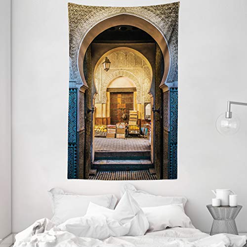 ABAKUHAUS Marroquí Tapiz de Pared y Cubrecama Suave, Típica Puerta Marroquí hacia Vieja Medina Mediterránea Arco Histórico Entrada Foto, No se Desliza de la Cama, 140 x 230 cm, Beige