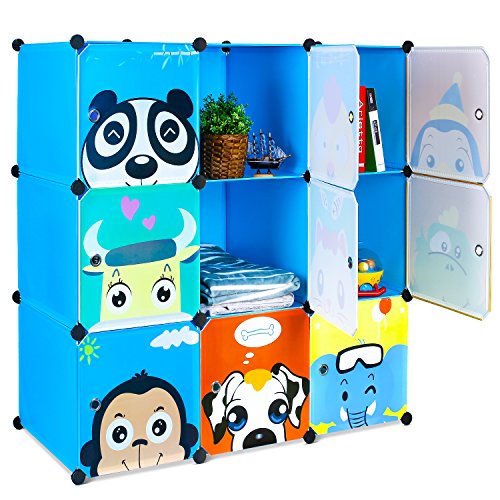 BAMNY Armario Modular Infantil Estantería Portátil para Guardar Ropa, Zapatos, Juguetes o Libros Organizador con Puertas y Perchas Decorados con Dibujos Animados (9 cubos, azul)