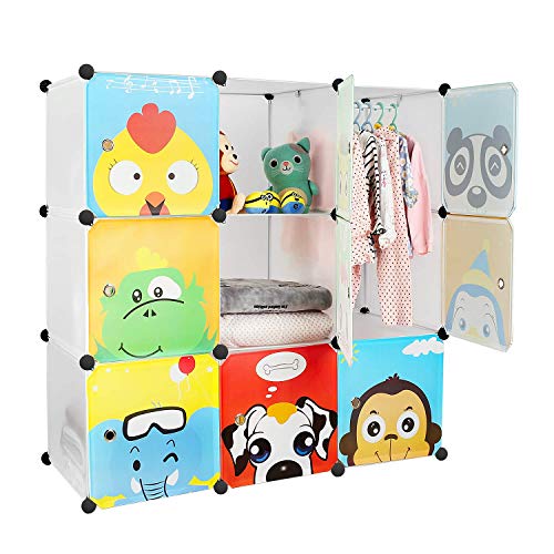 BAMNY Armario Modular Infantil Estantería Portátil para Guardar Ropa, Zapatos, Juguetes o Libros Organizador con Puertas y Perchas Decorados con Dibujos Animados (9 cubos, blanco)