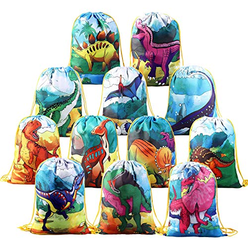 BeebeeRun 12pcs Mochilas Dinosaurio Bolsas de Cuerdas para Infantil Niños niñas,Mochila con Cordón Party Bolsas Saco de Deporte Infantil Fiesta de Cumpleaños Regalos