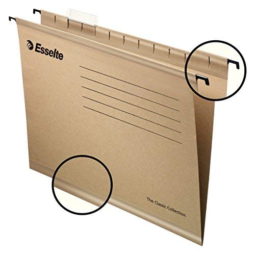 Esselte 93290 Classic -  Carpeta colgante reforzada, Tamaño A4, cartón kraft reciclado, visor de plástico transparente, Natural,  	34.5 x 24.0 x 0 cm, Caja de 50