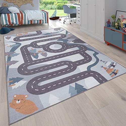 Alfombra Infantil Juego para Dormitorio Niños Motivo Calles con Animales Crema, tamaño:100x200 cm