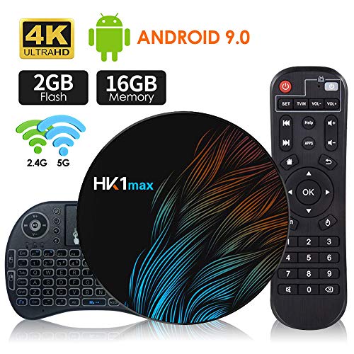Android 9.0 TV Box 【2G+16G】con Mini Teclado inalámbirco RK3318 Quad-Core 64bit Android TV Box, Wi-Fi-Dual 5G/2.4G, BT 4.0, 4K*2K UHD H.265, USB 3.0 Smart TV Box