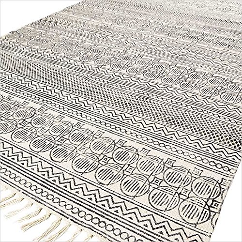 Eyes of India - Blanco Negro Algodón Bloque Estampado Área Adorno Dhurrie Alfombra Plano Tejido Bohemio Elegante Indio Bohemia - Blanco, 3 X 5 ft. (91 X 152 cm)