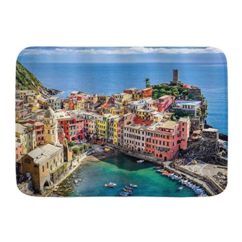 KASMILN Alfombra De Baño,Cocina,Mascota,Antideslizante,Vista del Puerto de Italia en The Vernazza Village Coloridos Apartamentos y Barcos,Multifuncional,Súper Absorbente