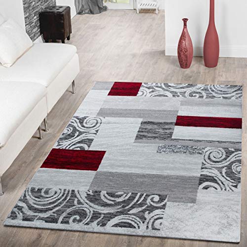 T&T Design Alfombra De Salón Económica Patchwork Diseño Moderno En Gris Rojo Blanco, Größe:60x100 cm