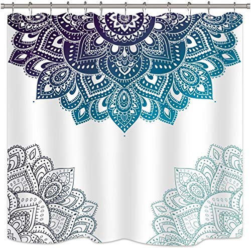 vrupi Cortinas Ducha Mandala Henna Flores Blancas Azules Sur Asia 71x71inchi Lavado Telas Impermeables Que Incluyen 12 Ganchos plástico Decoración Apartamentos Decoración Dormitorio