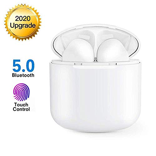 Auriculares Inalámblicos Bluetooth 5.0 Cascos, Mini TWS Sin Cable Cascos In-Ear con Micrófonos Dual, Audífonos Deportivos con Caja de Carga 25 hrs, compatibles con TV, Smartphone, Tablets -Blanco