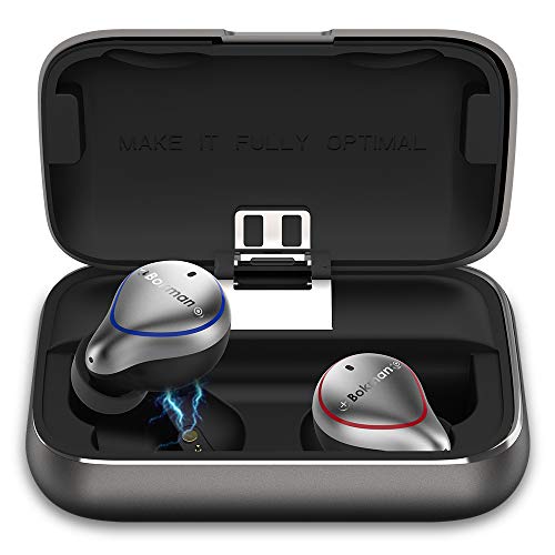 bokman Auriculares Bluetooth, O5 Auriculares Inalámbricos Bluetooth 5.0 IPX7 Impermeable Cancelación de Ruido HiFi Mini Twins Estéreo con 2600 mAh Caja de Carga Portátil para iPhone y Android (Gris)