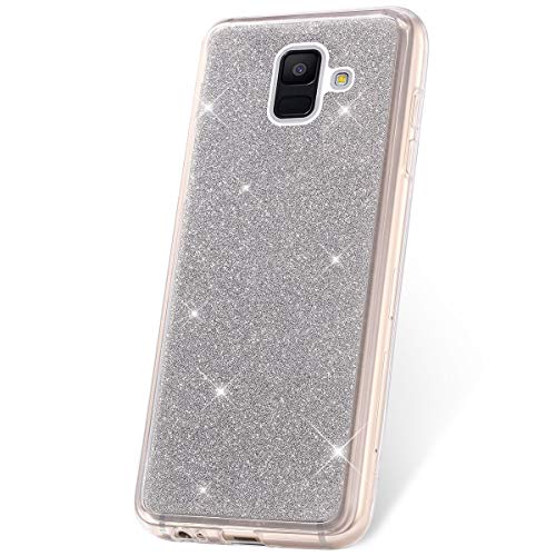 JAWSEU Funda Glitter Compatible con Samsung Galaxy A6 2018 Bling Brillante Brillo Suave TPU Silicona Gel Parachoques Funda Ultra-Delgado Goma Transparente Protectora Carcasa,Plata