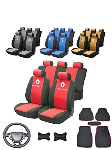 SPACE Renault Espace Logo Car Set Autositzbezug Sitzbezüge con Comfort + Fundas de los Asientos Delanteros y Traseros + automatten Lenkradbezug Auto Lenkradbezug Cuero, 37-38 cm+ Auto