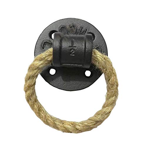 Tiradores para muebles con manijas Tirador de puerta de madera rústica industrial |Hierro fundido sólido negro + anillo circular de cuerda de cáñamo trenzado Manijas de metal, montadas con tornillos p