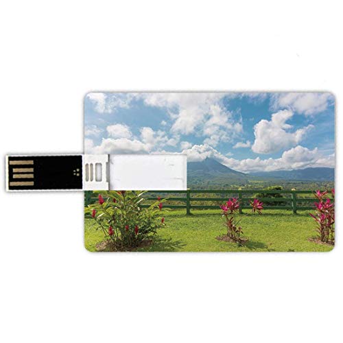 32G USB Flash Drives Forma de tarjeta de crédito Volcano Memory Stick Estilo de tarjeta de banco Vista del Volcán Arenal desde el punto de observación Costa Rica Vista panorámica, Azul claro Rosa Verd